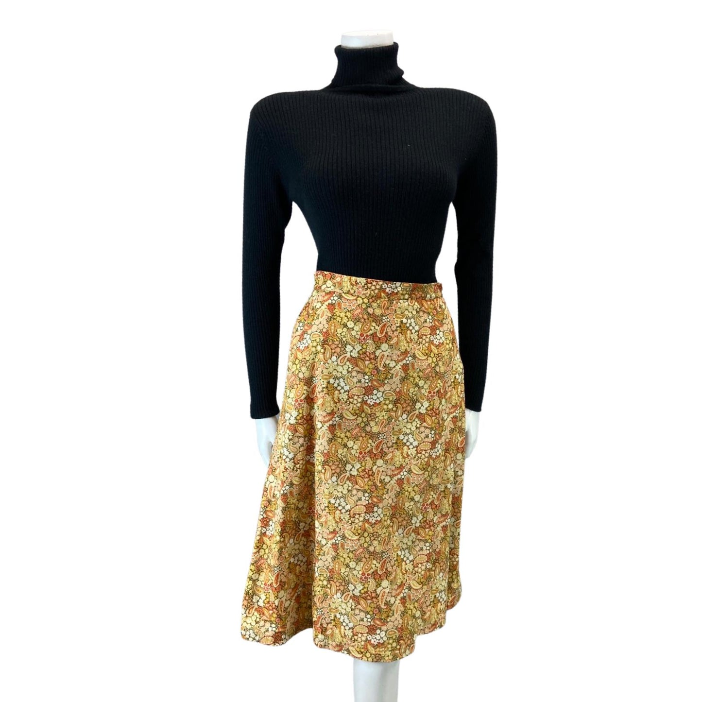 VINTAGE 70S YELLOW ORANGE BEIEGE PAISLEY FLORAL SWING MIDI SKIRT 8 10 S