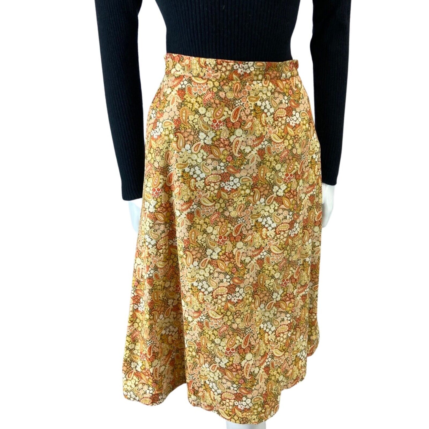 VINTAGE 70S YELLOW ORANGE BEIEGE PAISLEY FLORAL SWING MIDI SKIRT 8 10 S