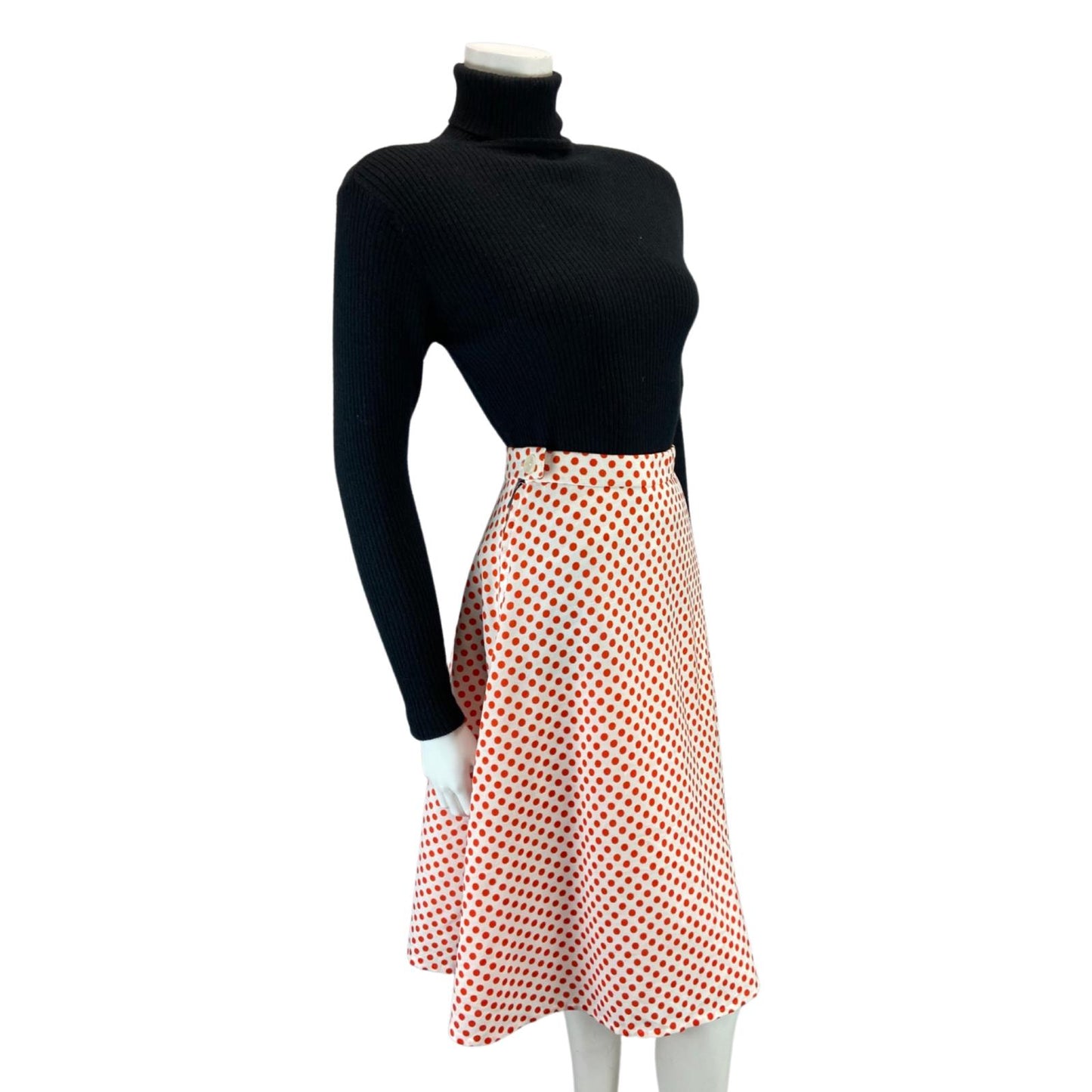 VINTAGE 70s 80S WHITE RED POLKA DOT SWING MIDI SKIRT 8 10 S