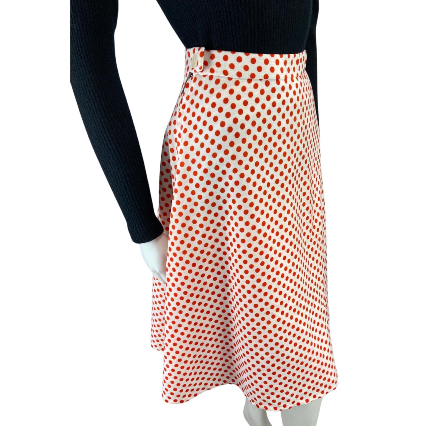 VINTAGE 70s 80S WHITE RED POLKA DOT SWING MIDI SKIRT 8 10 S