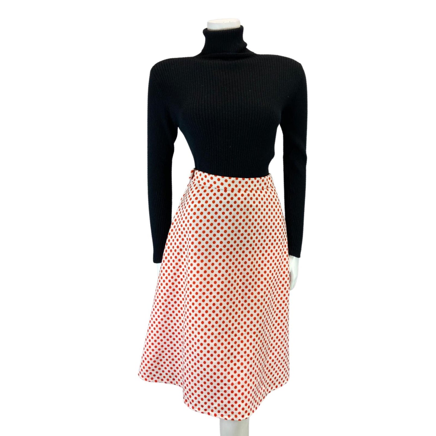 VINTAGE 70s 80S WHITE RED POLKA DOT SWING MIDI SKIRT 8 10 S