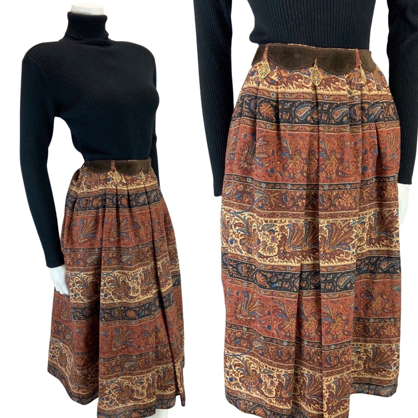 VINTAGE 70S 80S BROWN RED BETTY BARCLAY PAISLEY FLROAL BELTED WOOL MIDI SKIRT 8