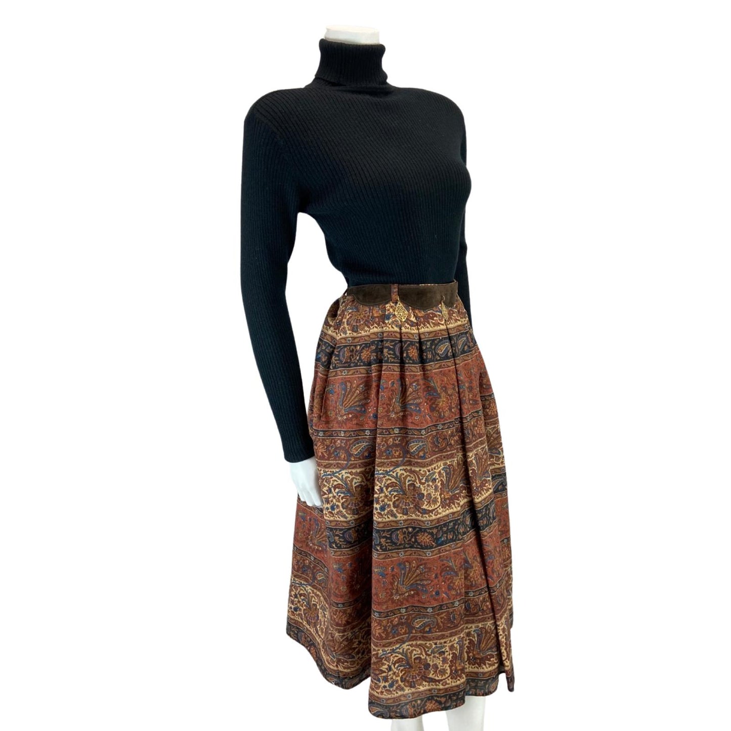 VINTAGE 70S 80S BROWN RED BETTY BARCLAY PAISLEY FLROAL BELTED WOOL MIDI SKIRT 8