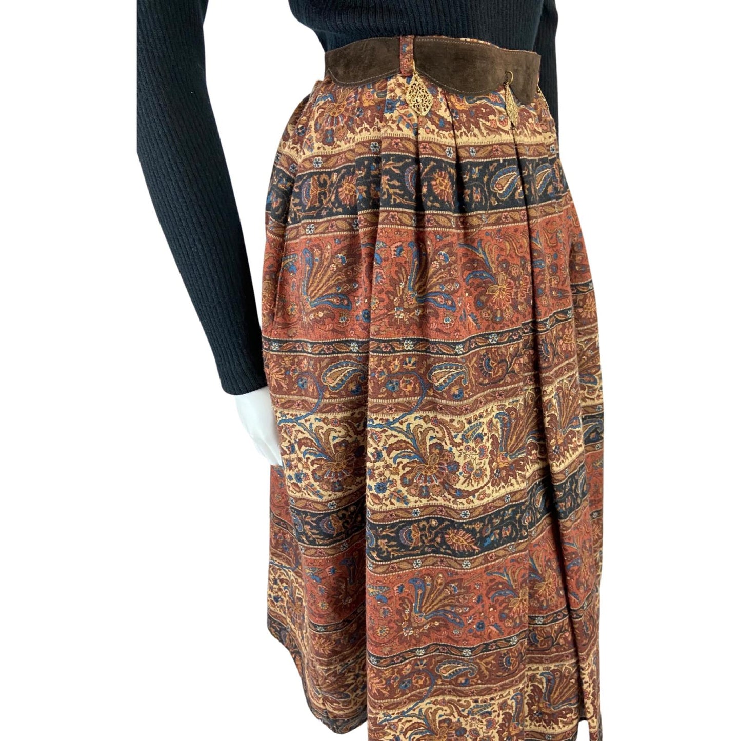 VINTAGE 70S 80S BROWN RED BETTY BARCLAY PAISLEY FLROAL BELTED WOOL MIDI SKIRT 8