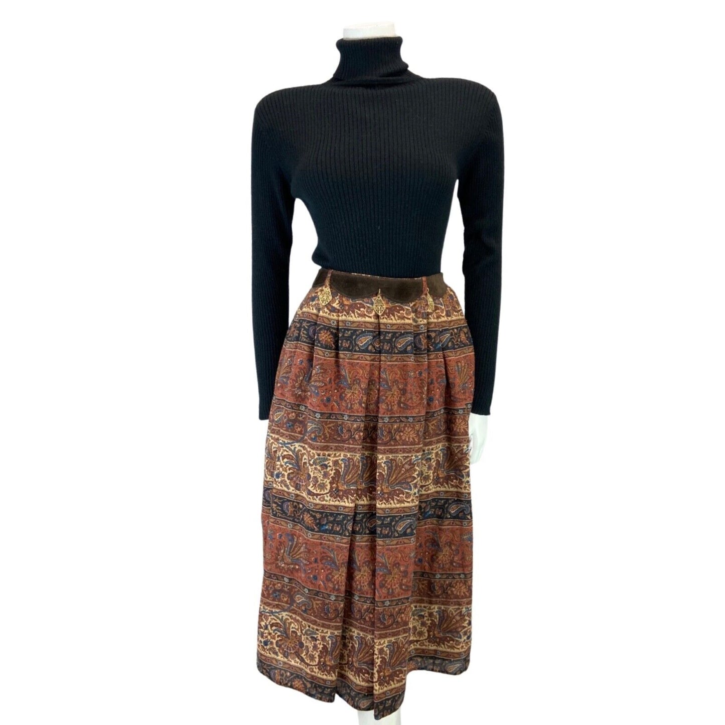 VINTAGE 70S 80S BROWN RED BETTY BARCLAY PAISLEY FLROAL BELTED WOOL MIDI SKIRT 8