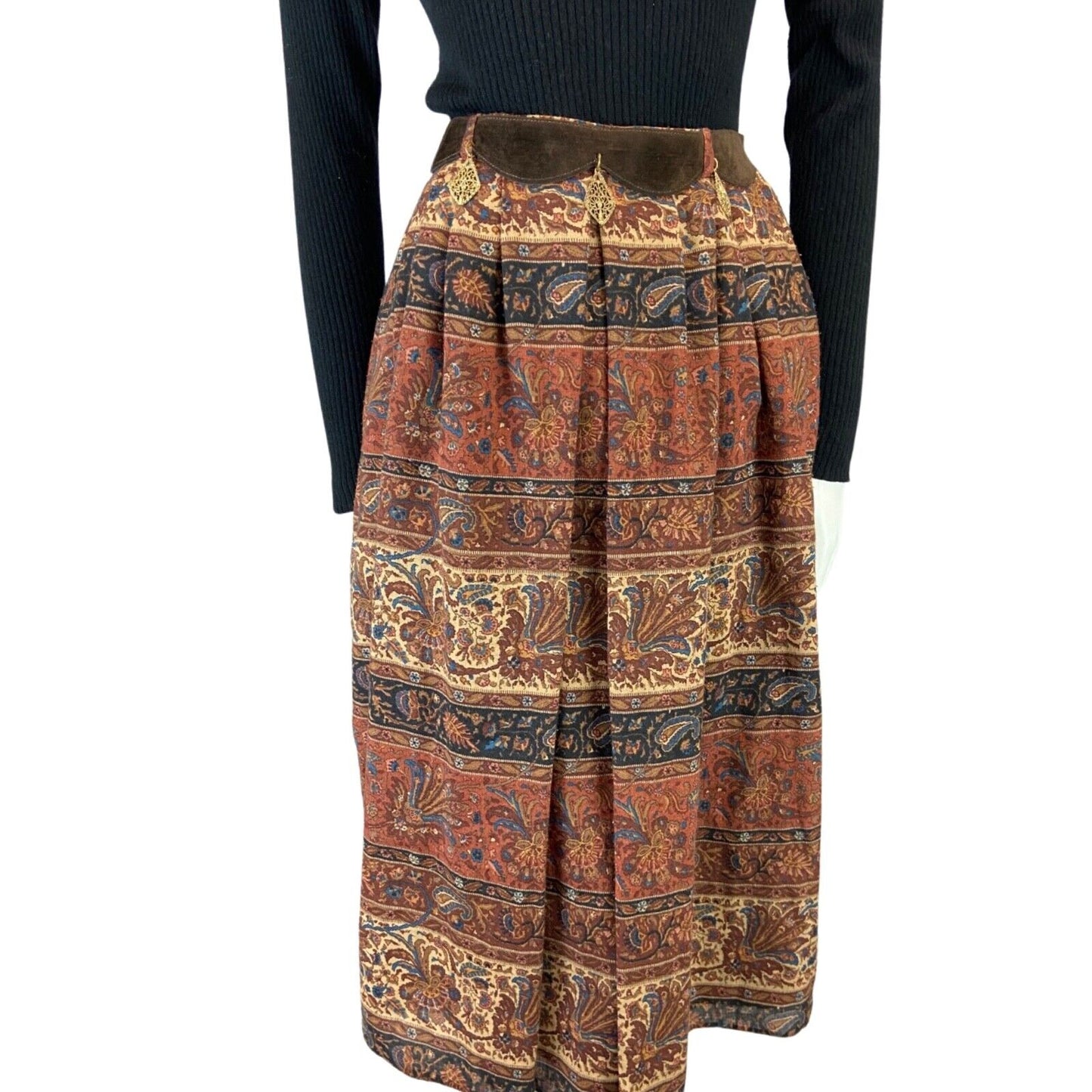 VINTAGE 70S 80S BROWN RED BETTY BARCLAY PAISLEY FLROAL BELTED WOOL MIDI SKIRT 8