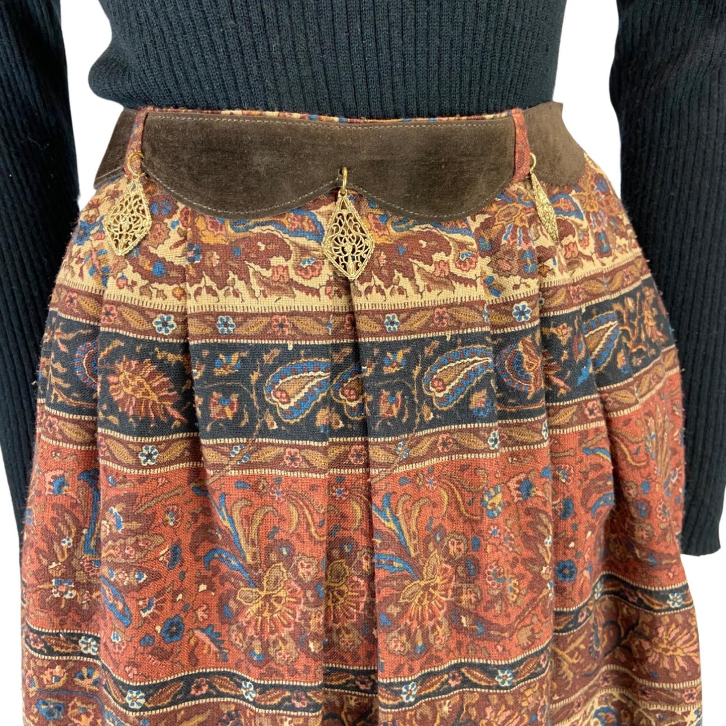 VINTAGE 70S 80S BROWN RED BETTY BARCLAY PAISLEY FLROAL BELTED WOOL MIDI SKIRT 8