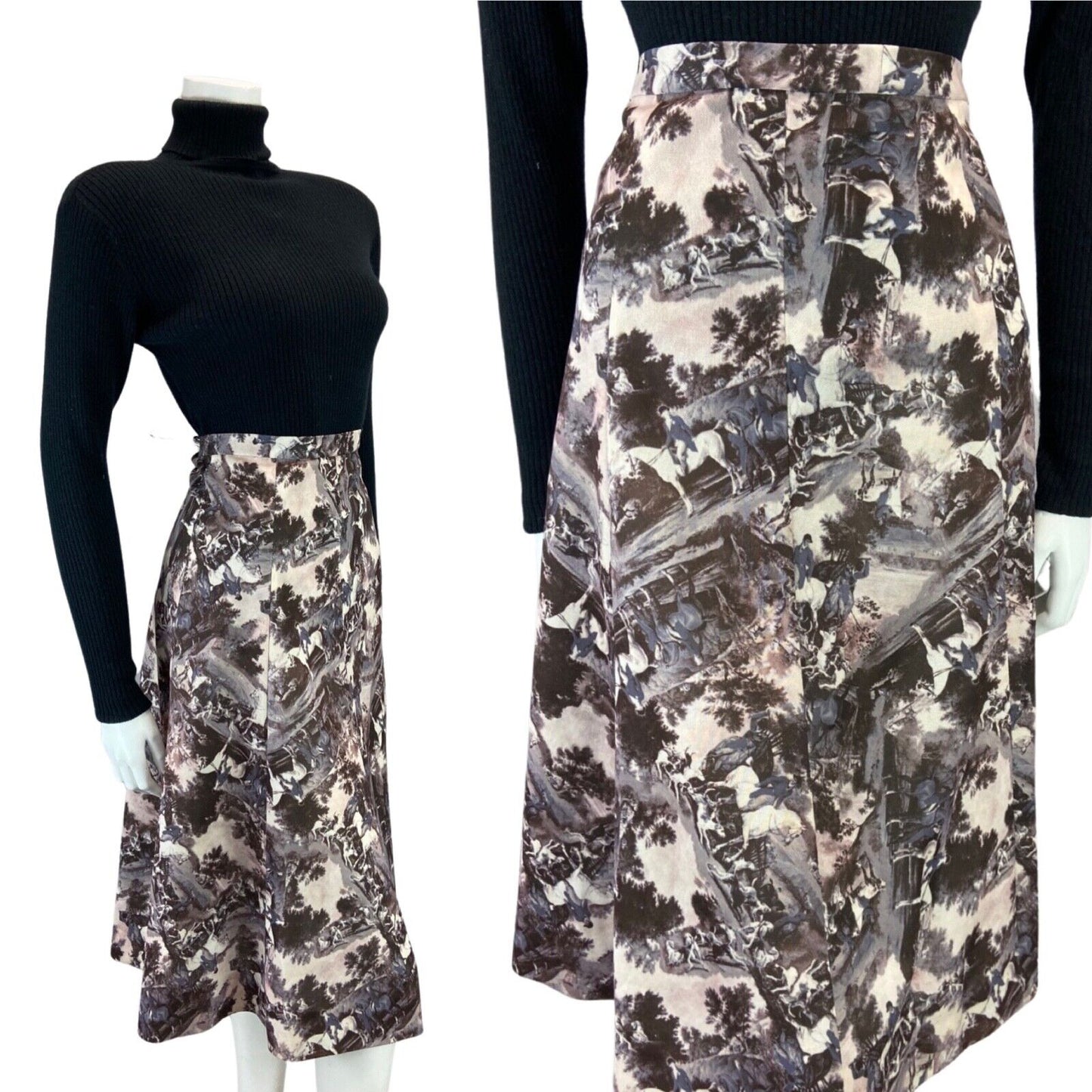 VINTAGE 70s 80S PURPLE GREY GRAPHIC HORSE RIDING SWING MIDI SKIRT S 8 10