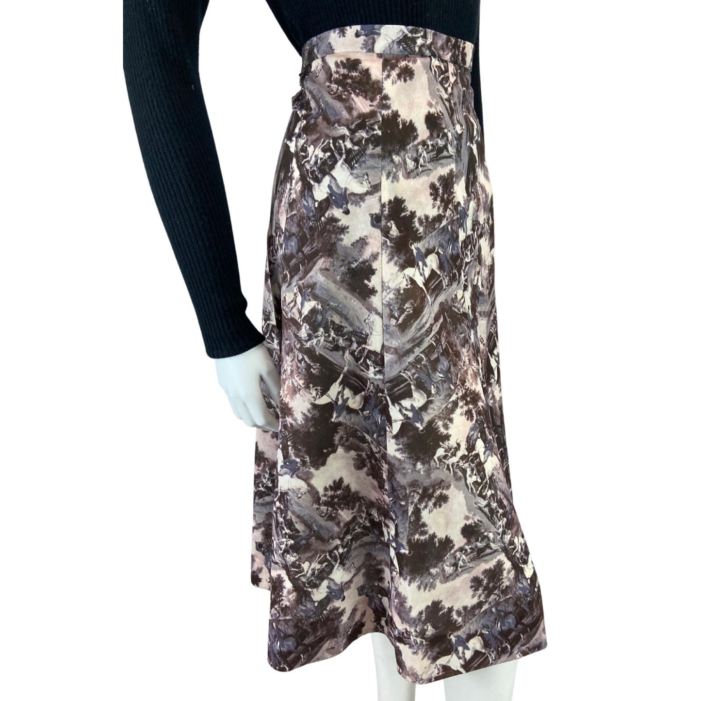 VINTAGE 70s 80S PURPLE GREY GRAPHIC HORSE RIDING SWING MIDI SKIRT S 8 10