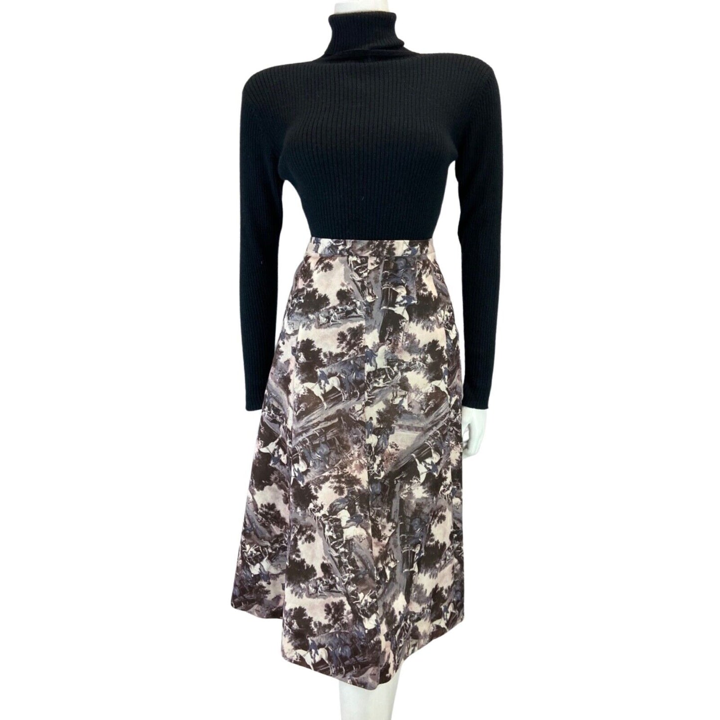VINTAGE 70s 80S PURPLE GREY GRAPHIC HORSE RIDING SWING MIDI SKIRT S 8 10