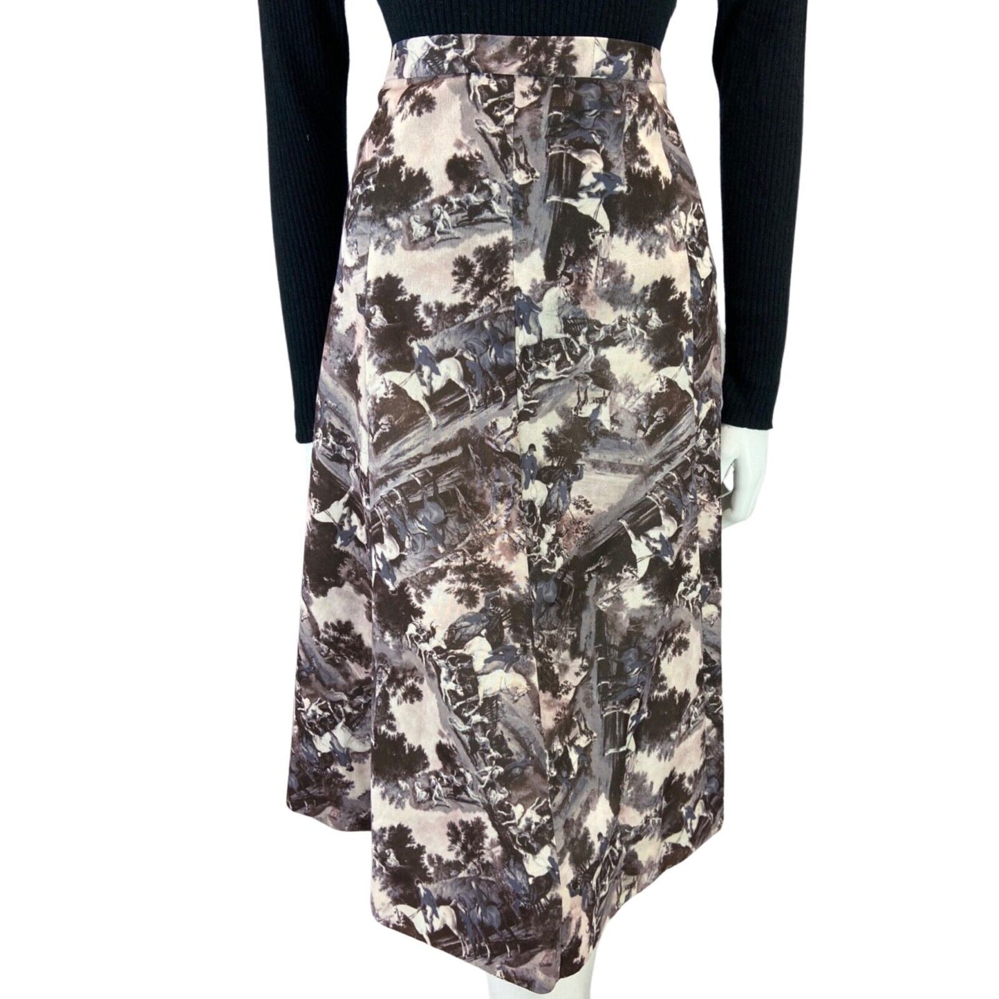 VINTAGE 70s 80S PURPLE GREY GRAPHIC HORSE RIDING SWING MIDI SKIRT S 8 10
