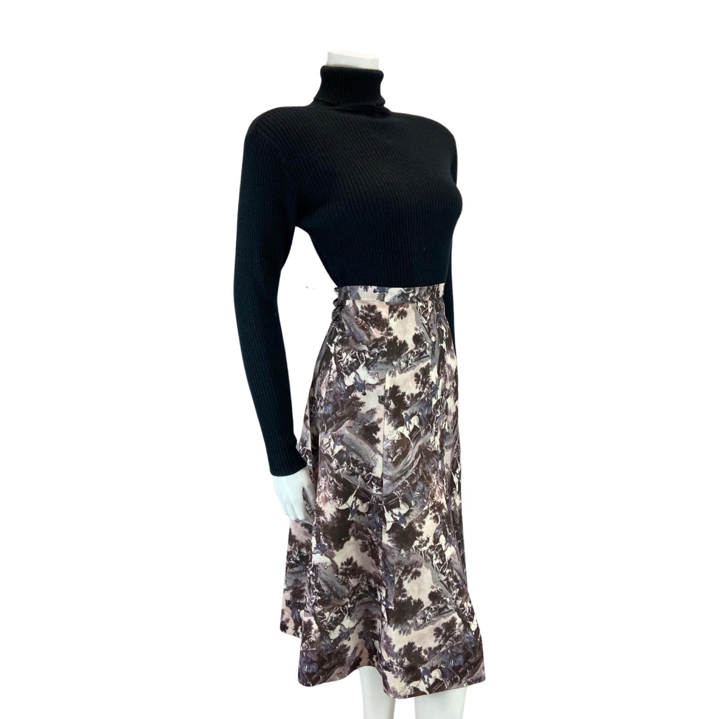 VINTAGE 70s 80S PURPLE GREY GRAPHIC HORSE RIDING SWING MIDI SKIRT S 8 10