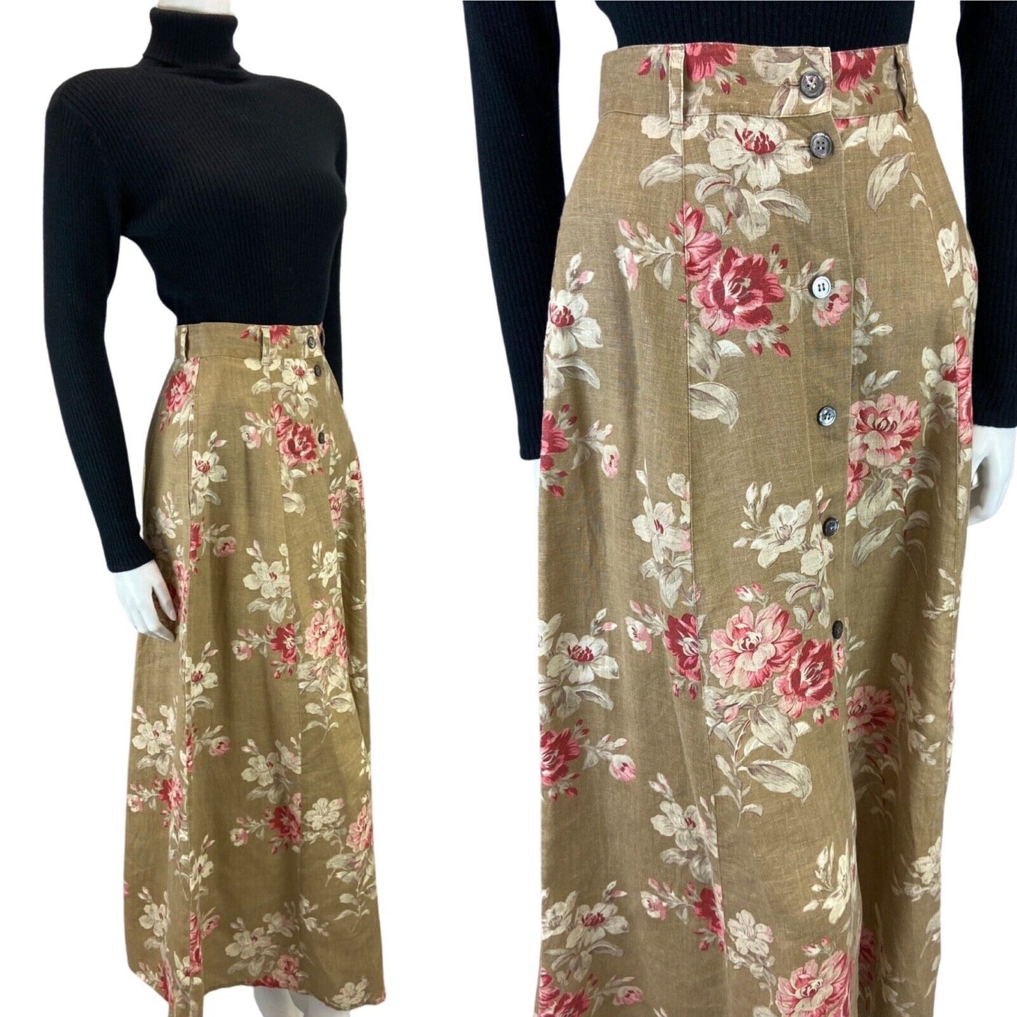 VINTAGE 80S BEIGE PINK LAURA ASHLEY FLROAL BUTTON DOWN MAXI SKIRT 8 S