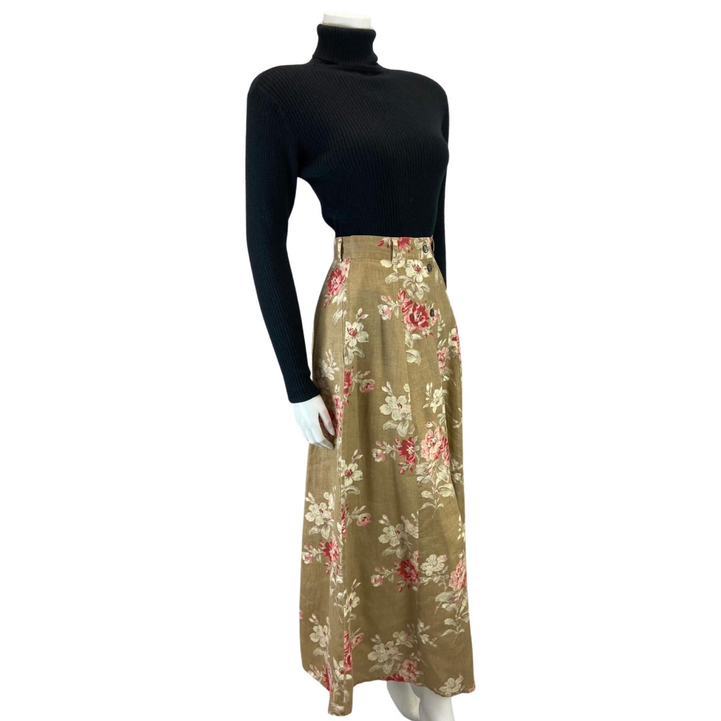 VINTAGE 80S BEIGE PINK LAURA ASHLEY FLROAL BUTTON DOWN MAXI SKIRT 8 S