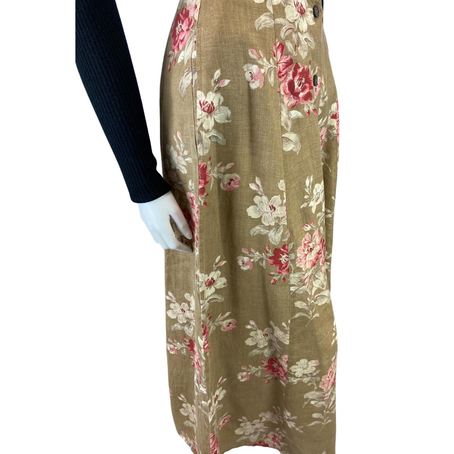 VINTAGE 80S BEIGE PINK LAURA ASHLEY FLROAL BUTTON DOWN MAXI SKIRT 8 S