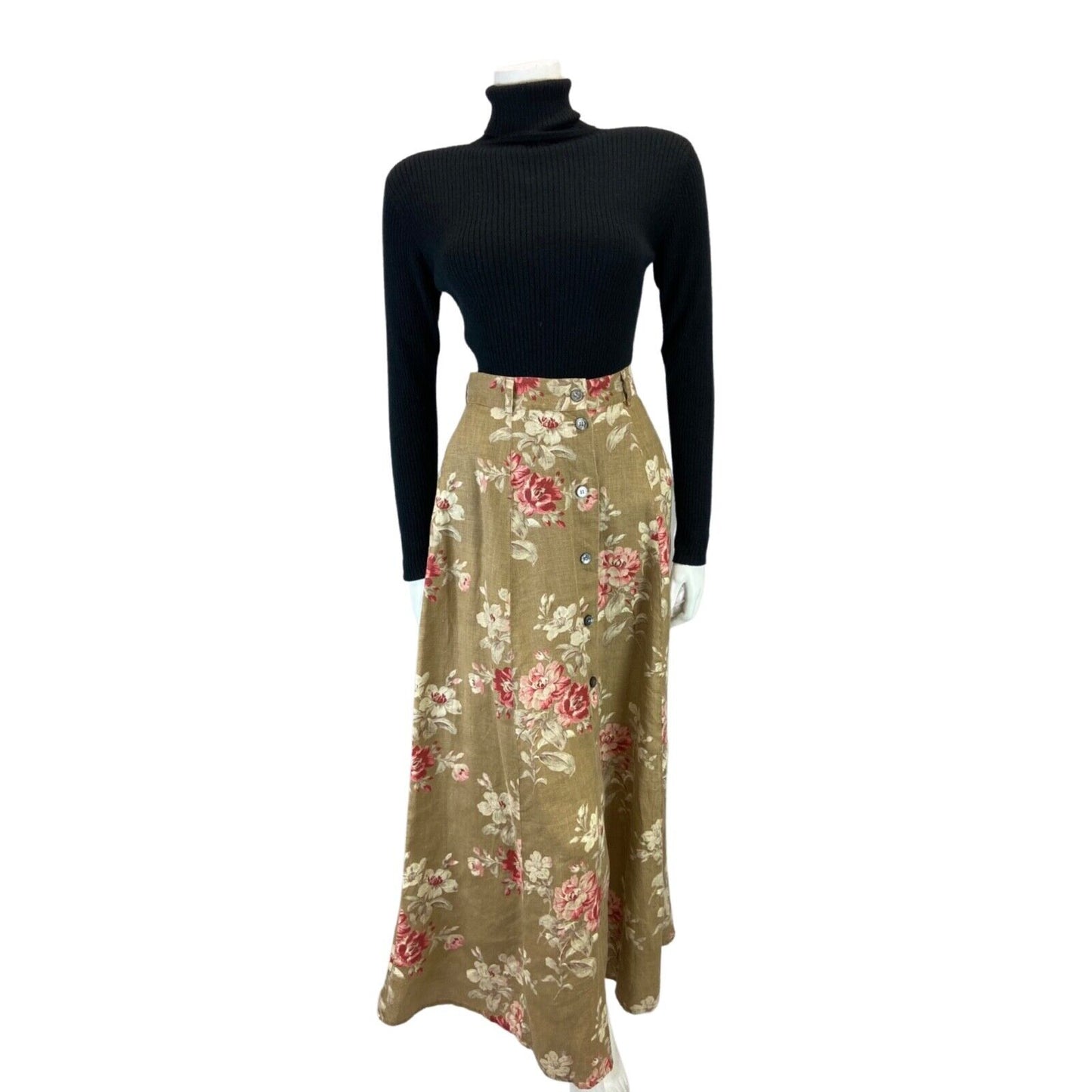 VINTAGE 80S BEIGE PINK LAURA ASHLEY FLROAL BUTTON DOWN MAXI SKIRT 8 S