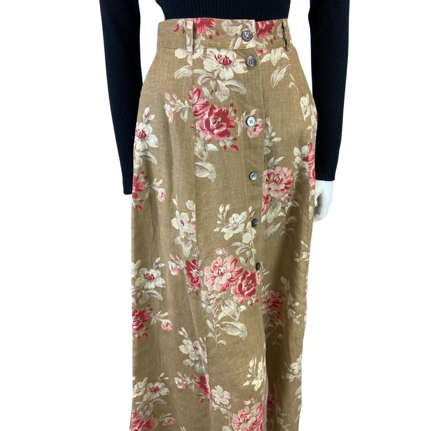 VINTAGE 80S BEIGE PINK LAURA ASHLEY FLROAL BUTTON DOWN MAXI SKIRT 8 S
