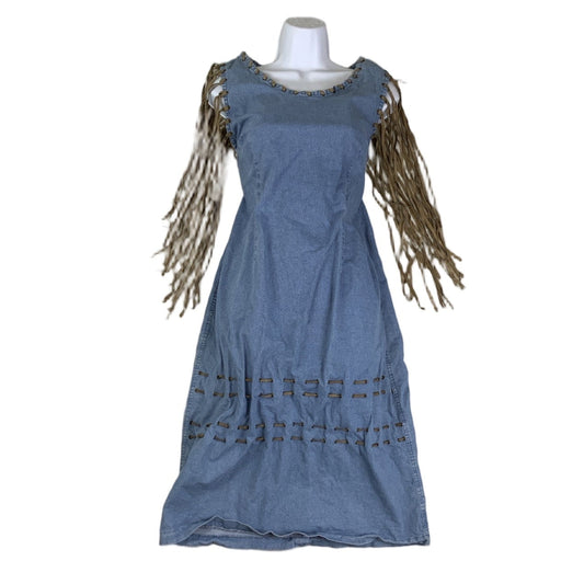 Vintage 90s 00s Y2k Suede Leather Tassel Sleeveless Midi Festival Boho Summer Dress 10 12 S