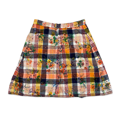 Vintage Orange & Navy Plaid Floral Print Box Pleat Mini Skirt 8