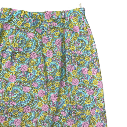 Vintage 70s Pink Yellow & Blue Psychedelic Floral Print A-line Midi Skirt 8