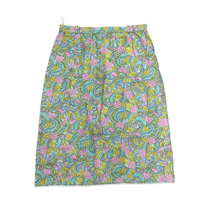 Vintage 70s Pink Yellow & Blue Psychedelic Floral Print A-line Midi Skirt 8