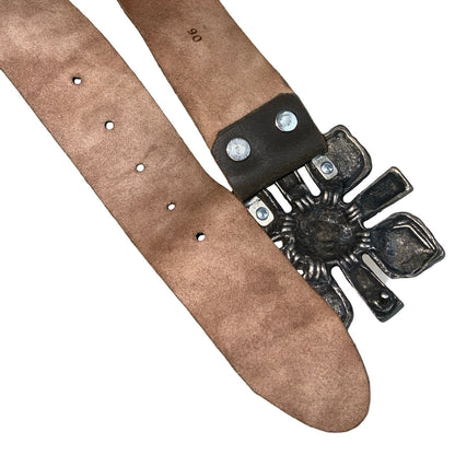 Vintage 90s 00s Y2k Brown Suede Low-Rise Leather Flower Silver Orange Gem Stud Buckle Belt