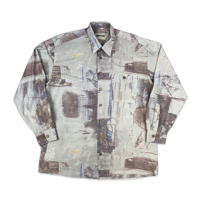 Vintage 80s Abstract Print Beige Shirt XL