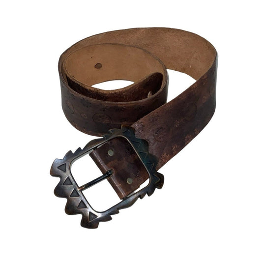 Vintage 80s 90s Brown Leather Floral Carved Geometric Buckle Belt