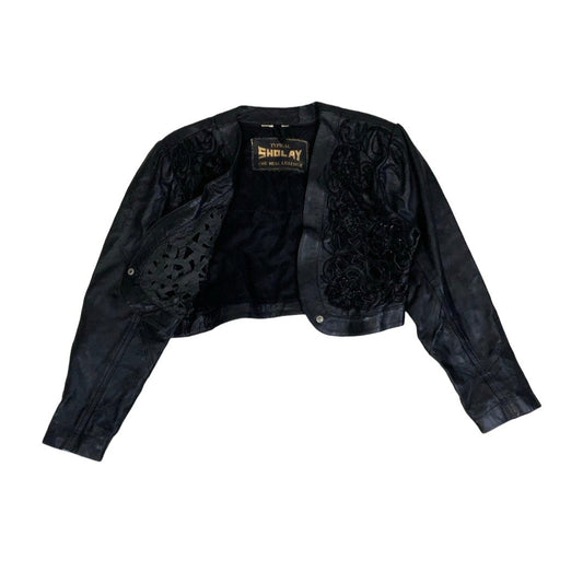 Vintage 90s Y2k ‘Typical Sholay’ Black Beaded Crop Cut-Out Floral Leather Jacket 12 14