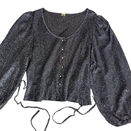 Silver Black Balloon Sleeve Crop Blouse Top S 10 12