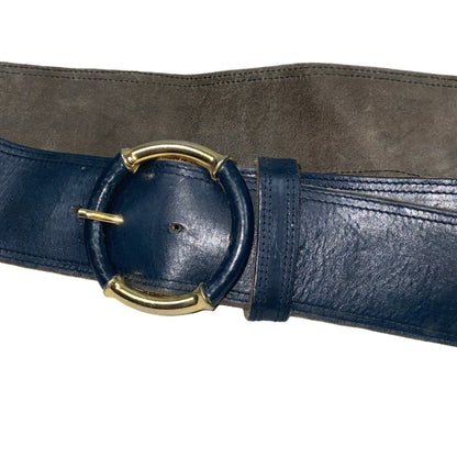 Vintage 80s 90s Blue Gold Leather Circular Buckle Belt