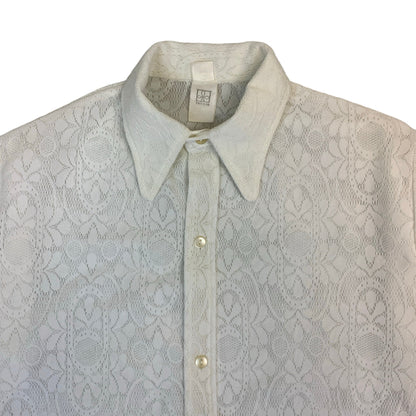 70s White Floral Lace Dagger Collar Shirt M