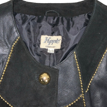 Vintage 80s ‘Kippie Company’ Black Patchwork Beaded Statement Crop Suede Leather Jacket 14 16