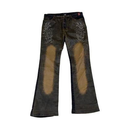 Vintage 90s Y2k ‘Desigual’ Leather Distressed Floral Patterned Denim Flared High Waisted Jeans 10 12