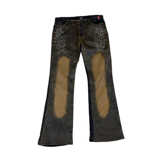 Vintage 90s Y2k ‘Desigual’ Leather Distressed Floral Patterned Denim Flared High Waisted Jeans 10 12