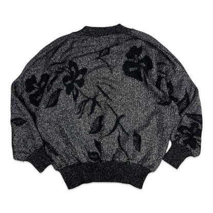 Vintage Knitted Lurex V-neck Floral Jumper Black Silver 14 16 18 20