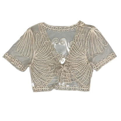 Vintage Y2K Cream Floral Embroidered Crop Tie-Top Bolero Blouse 6 8 XS