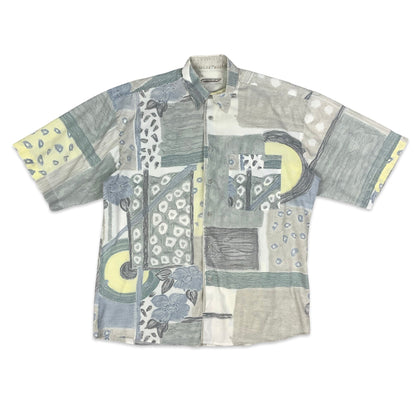 80s Grey & Blue Abstract Print Shirt L