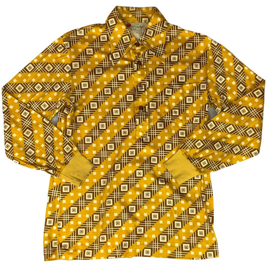 VTG 70s BIG COLLAR MENS POLY SMOCK SHIRT GEOMETRIC PSYCHEDELIC PRINT 36” (34) XS