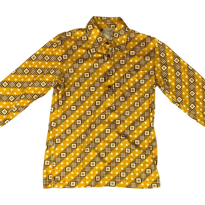 VTG 70s BIG COLLAR MENS POLY SMOCK SHIRT GEOMETRIC PSYCHEDELIC PRINT 36” (34) XS