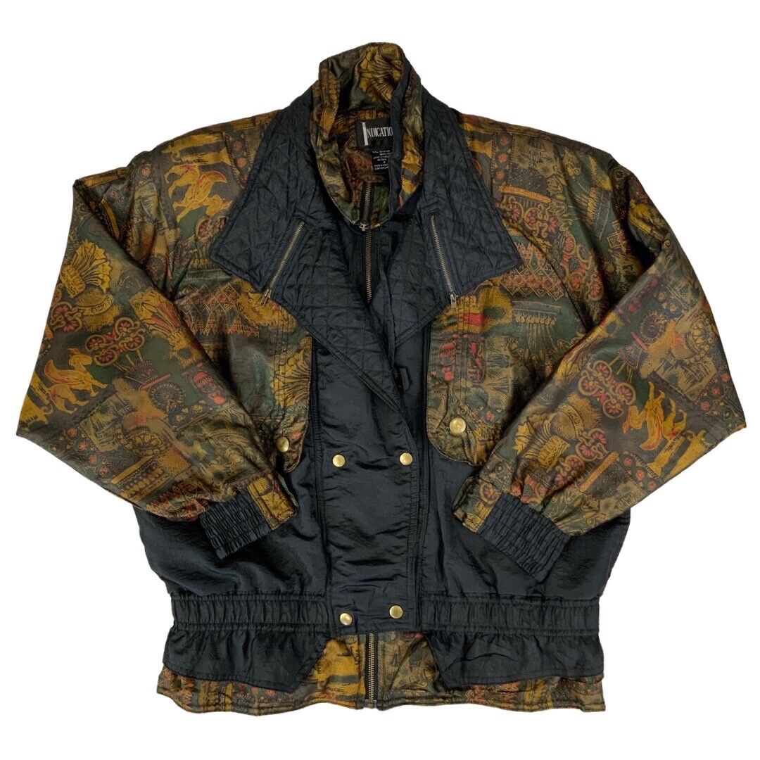Vintage 80s 90s Black Gold Indications Abstract Print Shell Bomber Jacket XL