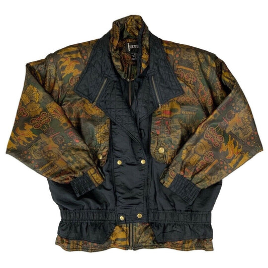 Vintage 80s 90s Black Gold Indications Abstract Print Shell Bomber Jacket XL