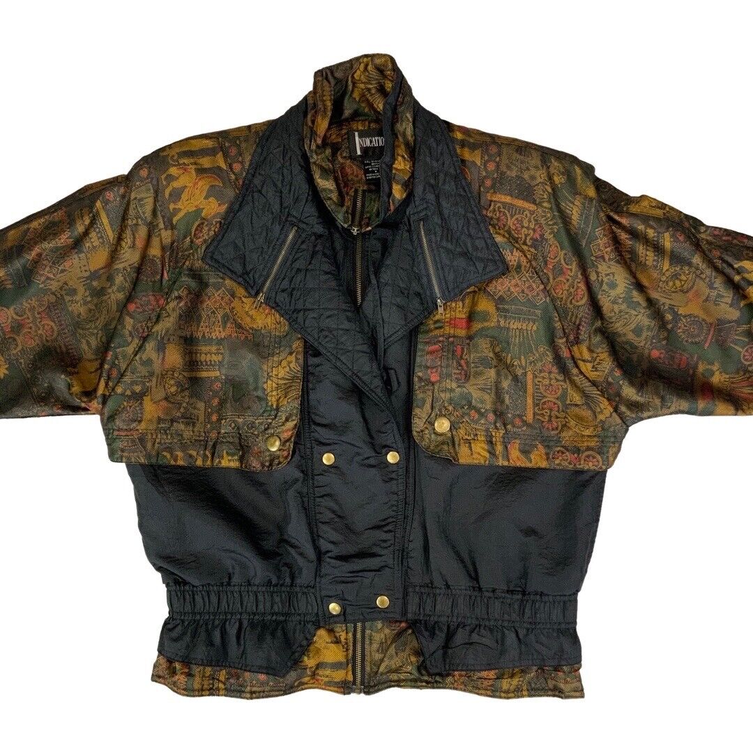 Vintage 80s 90s Black Gold Indications Abstract Print Shell Bomber Jacket XL