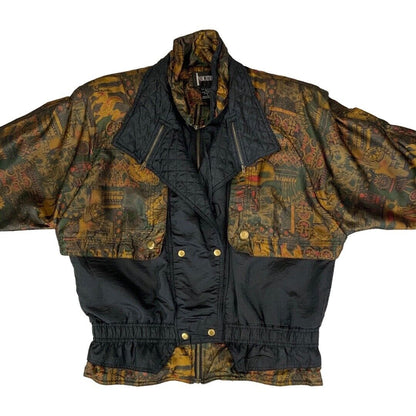 Vintage 80s 90s Black Gold Indications Abstract Print Shell Bomber Jacket XL