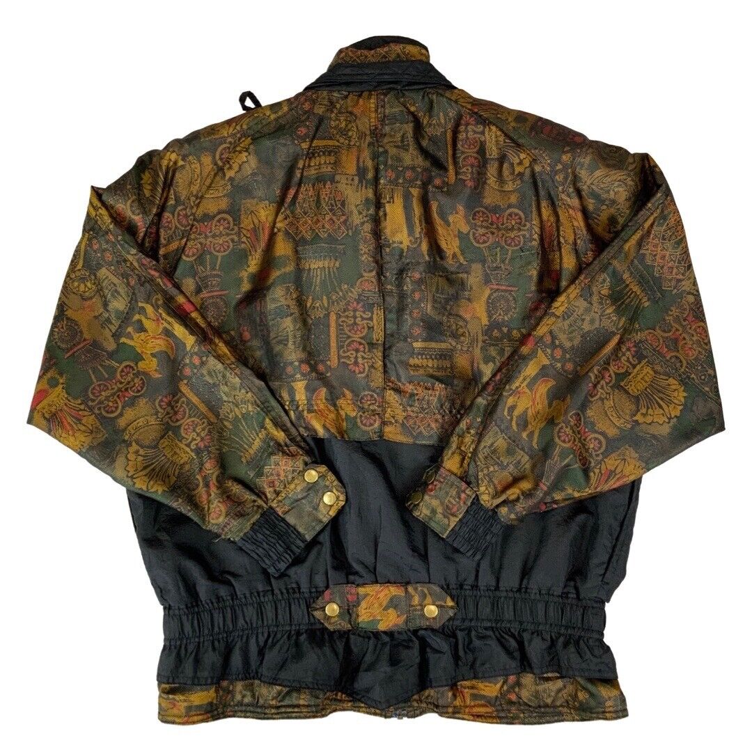 Vintage 80s 90s Black Gold Indications Abstract Print Shell Bomber Jacket XL