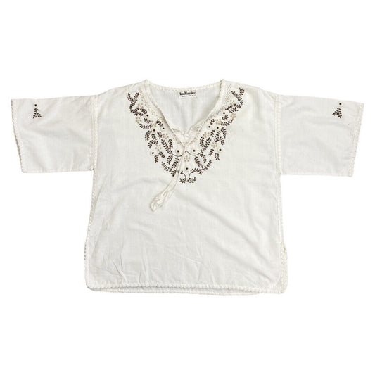 Vintage 90s 00s White Brown Embroidered Handmade Cotton Tunic Smock Blouse Top M