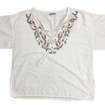 Vintage 90s 00s White Brown Embroidered Handmade Cotton Tunic Smock Blouse Top M