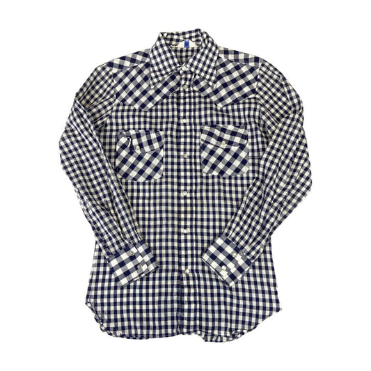 VTG 70s LEVIS SPORTSWEAR BIG E WHITE TAB PEARL SNAP WESTERN SHIRT GINGHAM 34” XS