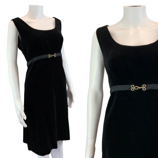 Vintage 60s 70s Black Velvet Belted Sleeveless Mid Length Mod Dress S 8/10