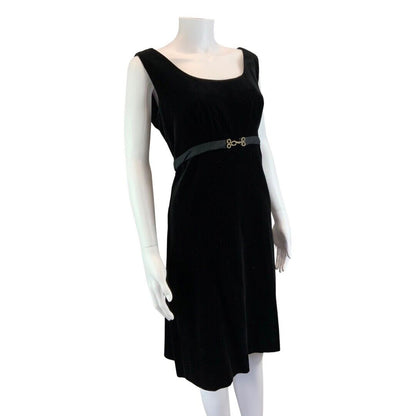 Vintage 60s 70s Black Velvet Belted Sleeveless Mid Length Mod Dress S 8/10